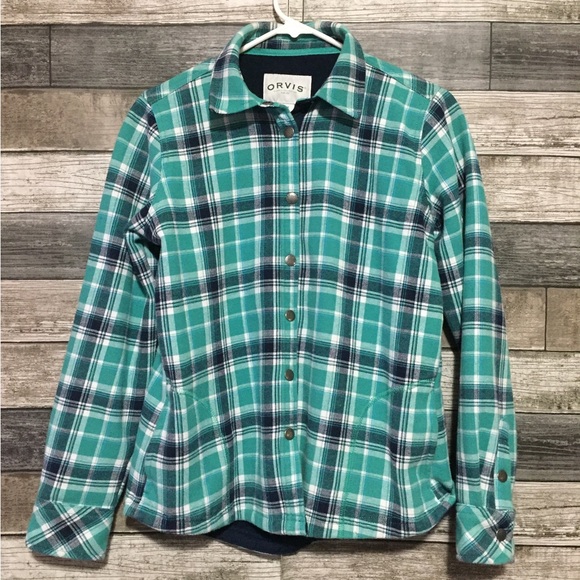 Orvis Fleece Lined Flannel Shirt Jacket Women’s S Blue Green Snap Button - Picture 3 of 8
